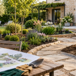 Jardin en cours d’aménagement avec allée et massifs