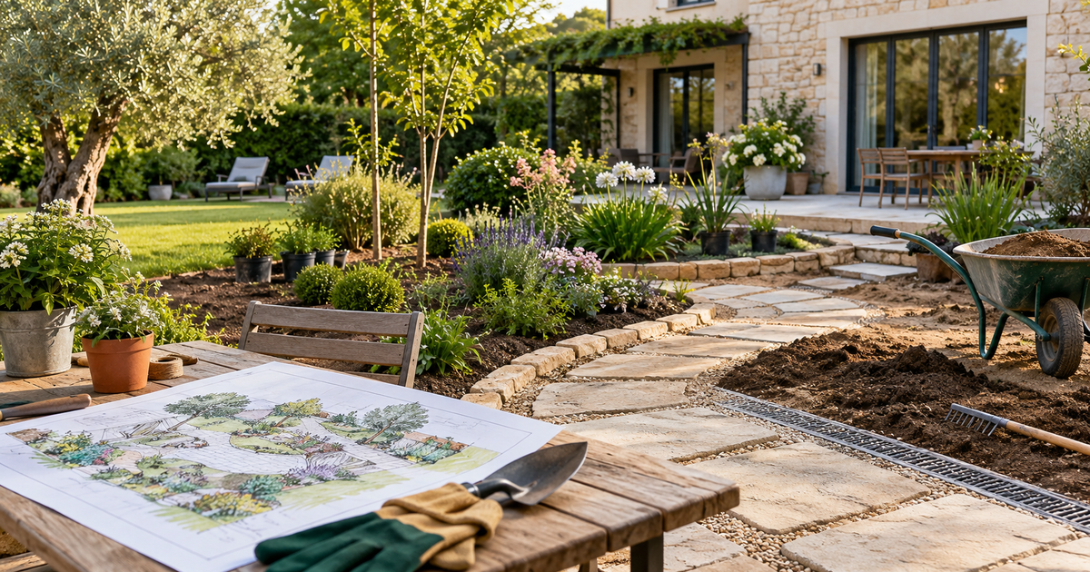 Jardin en cours d’aménagement avec allée et massifs